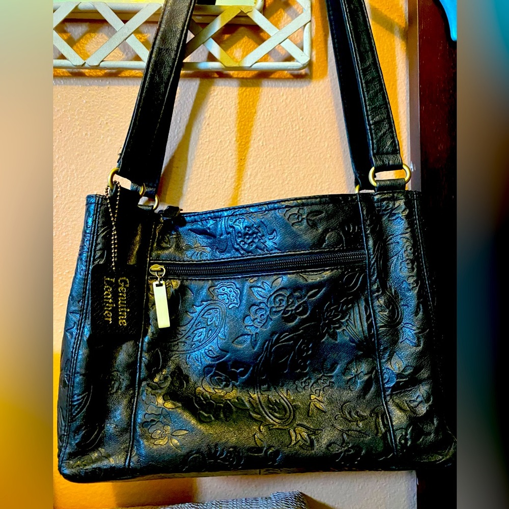 Genuine black tooled leather shoulder bag with snap/zip closure